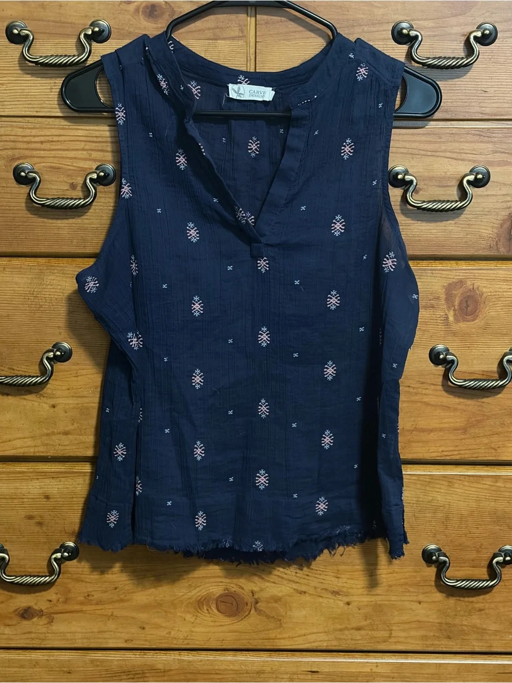 Carve Designs Navy Sleeveless Embroidered V-Neck Blouse